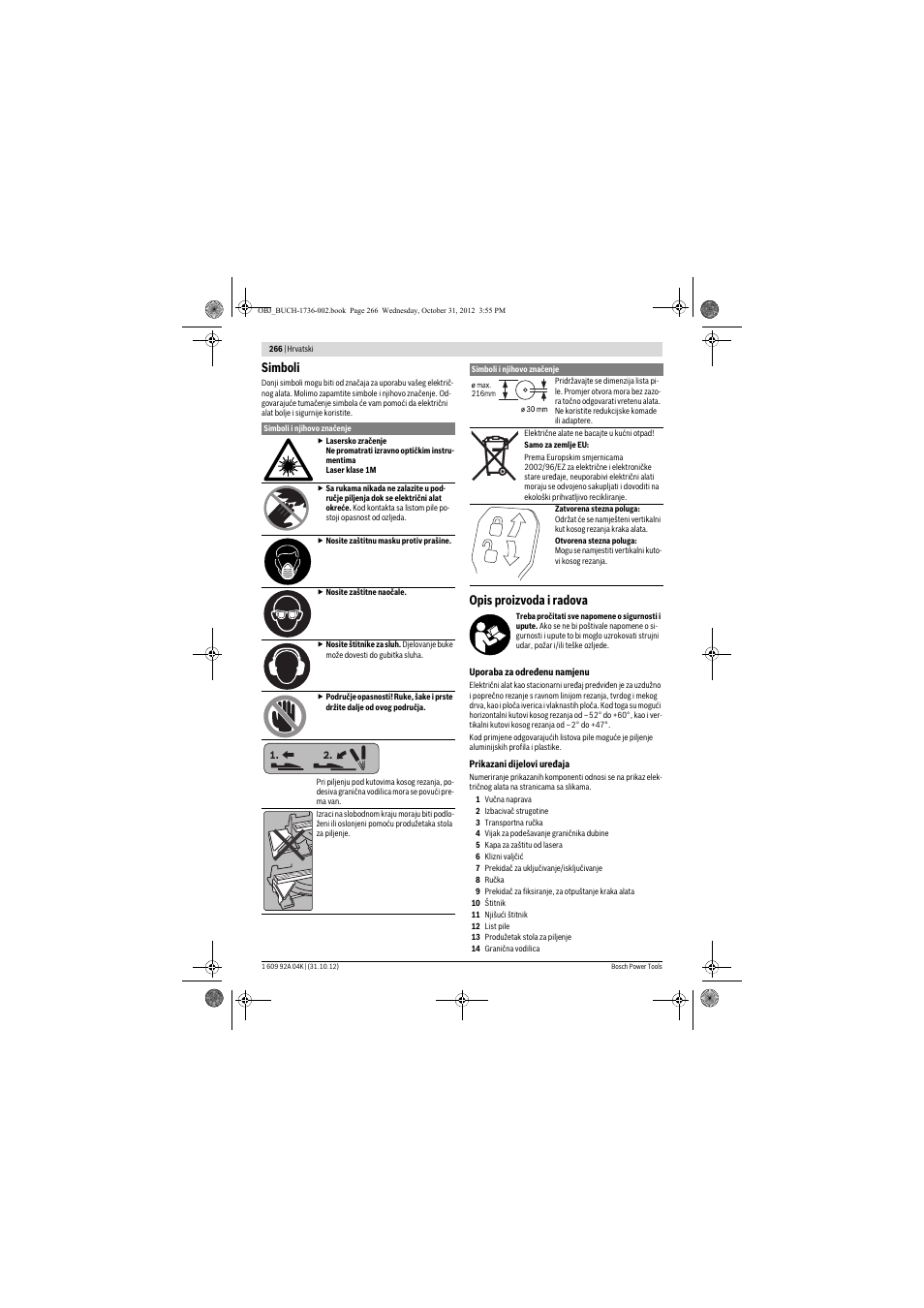 Simboli, Opis proizvoda i radova | Bosch GCM 8 SJL Professional User Manual | Page 266 / 332