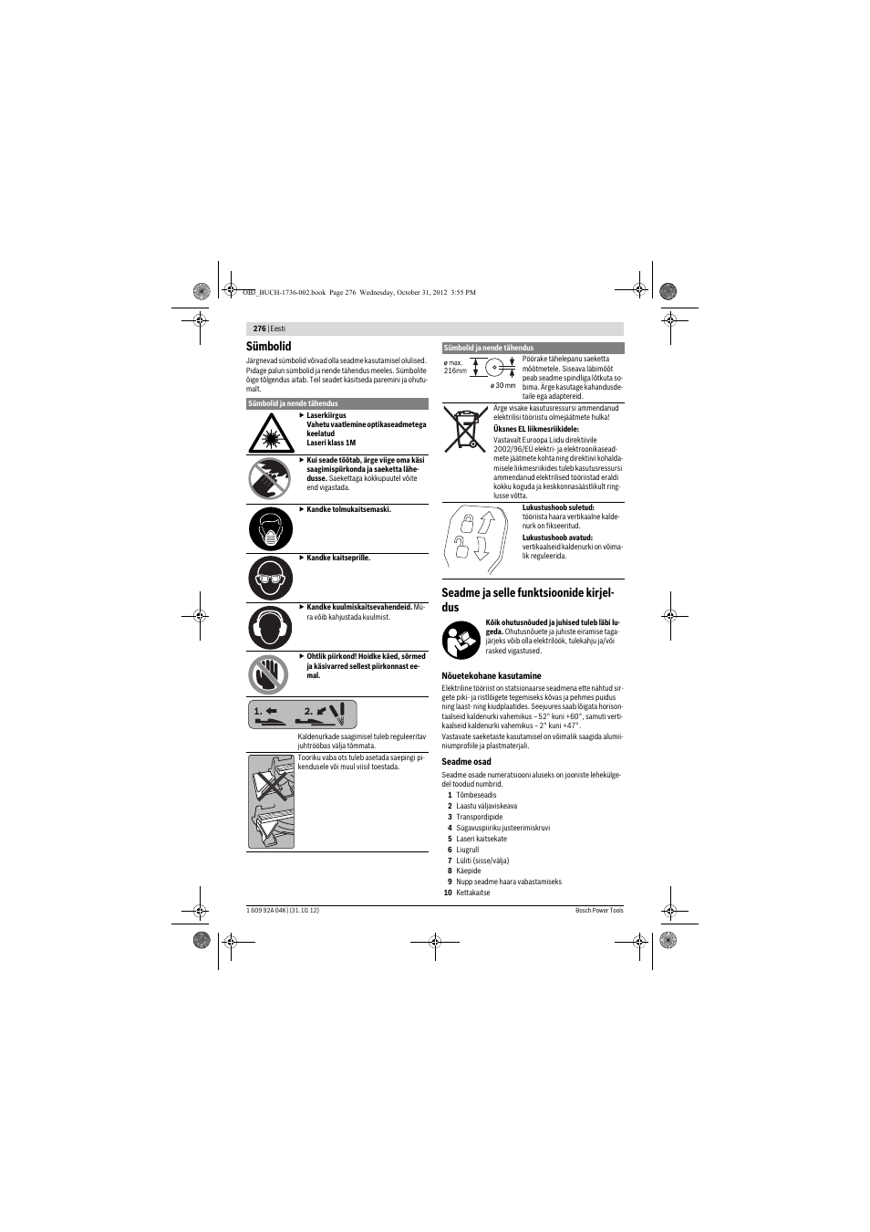 Sümbolid, Seadme ja selle funktsioonide kirjel- dus | Bosch GCM 8 SJL Professional User Manual | Page 276 / 332