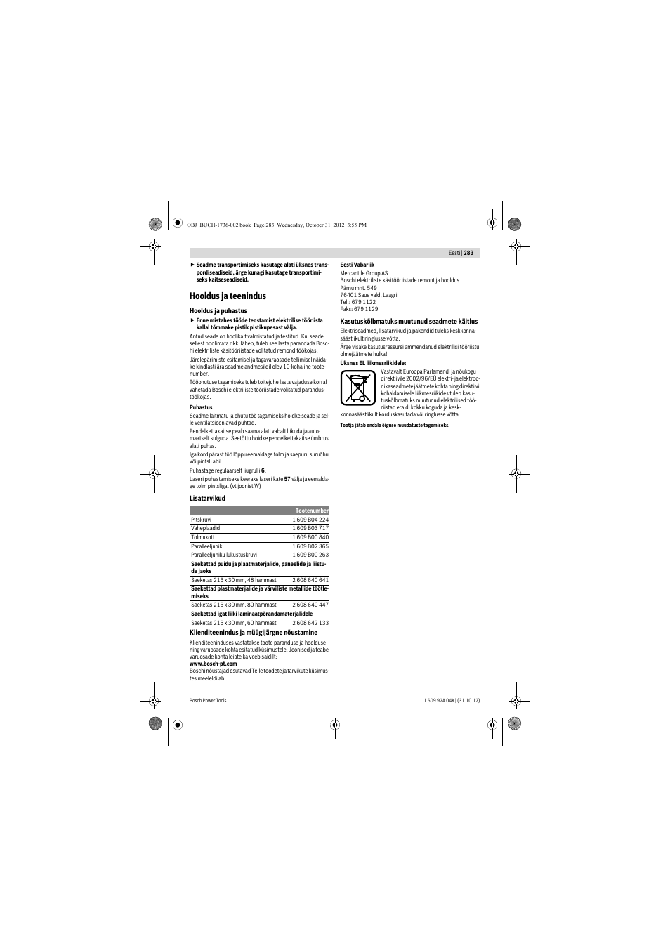 Hooldus ja teenindus | Bosch GCM 8 SJL Professional User Manual | Page 283 / 332