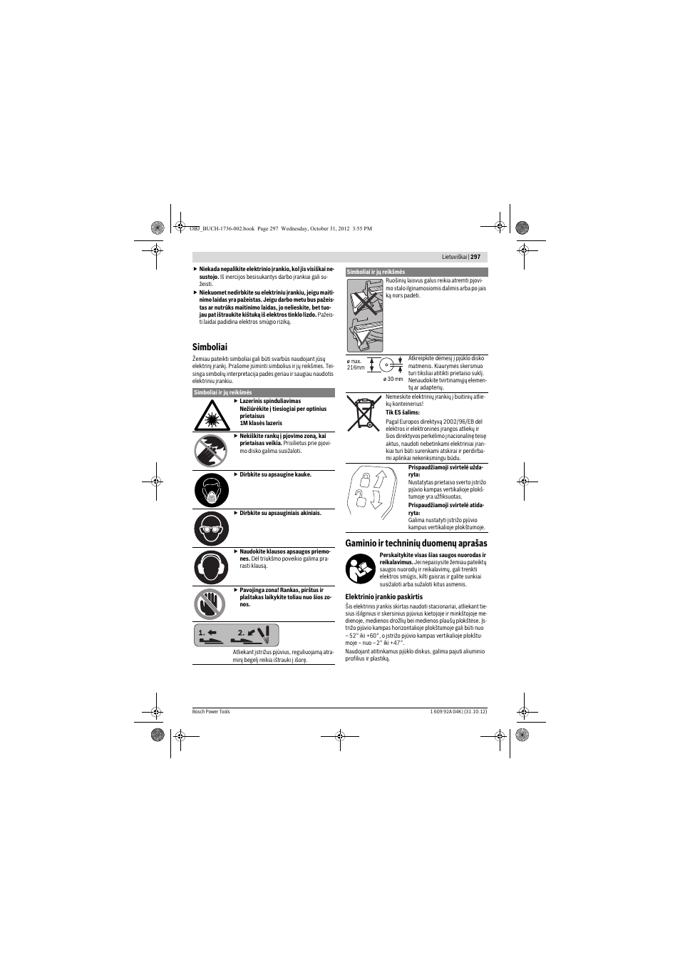 Simboliai, Gaminio ir techninių duomenų aprašas | Bosch GCM 8 SJL Professional User Manual | Page 297 / 332