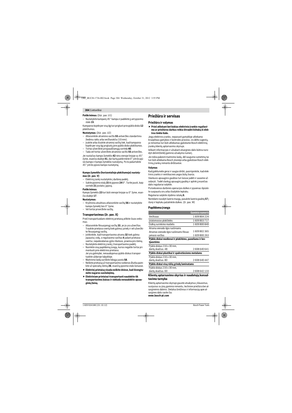 Priežiūra ir servisas | Bosch GCM 8 SJL Professional User Manual | Page 304 / 332