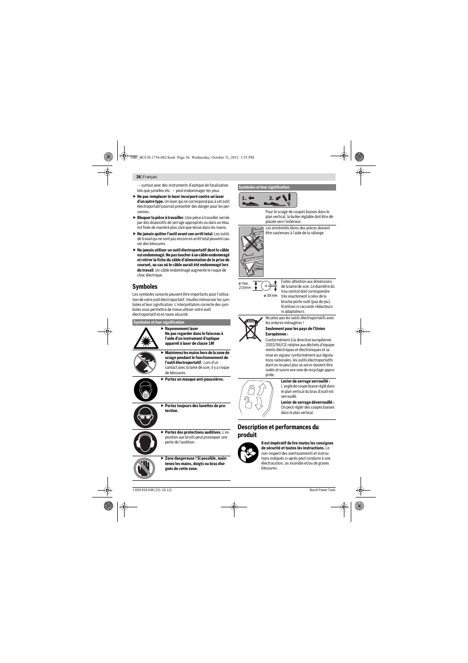 Symboles, Description et performances du produit | Bosch GCM 8 SJL Professional User Manual | Page 36 / 332