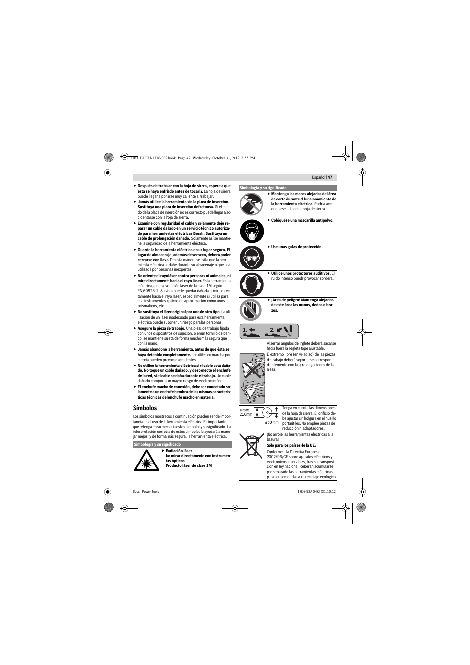 Símbolos | Bosch GCM 8 SJL Professional User Manual | Page 47 / 332