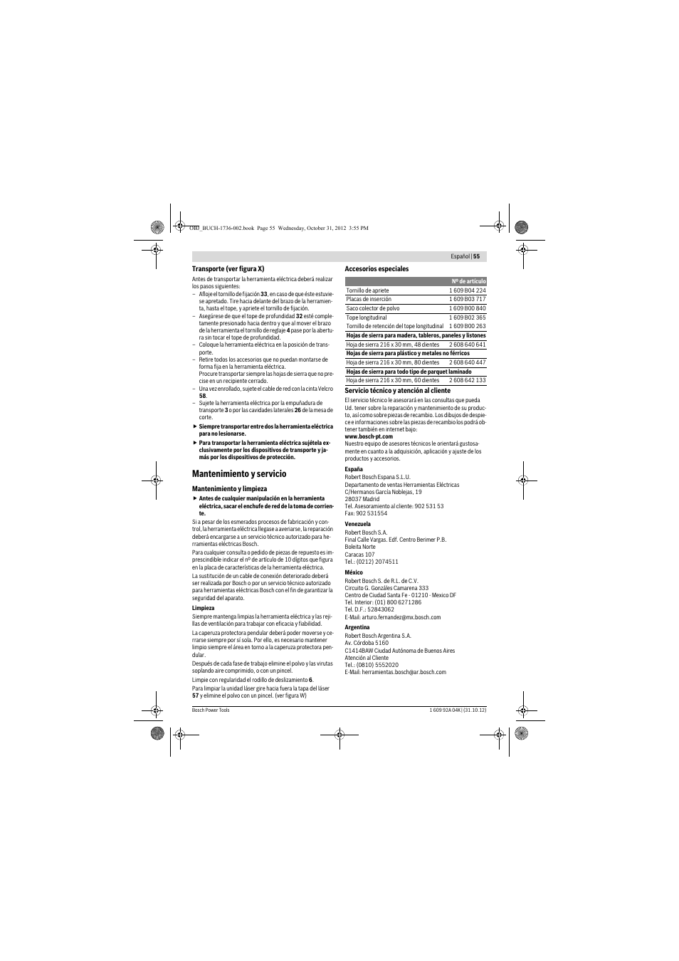 Mantenimiento y servicio | Bosch GCM 8 SJL Professional User Manual | Page 55 / 332