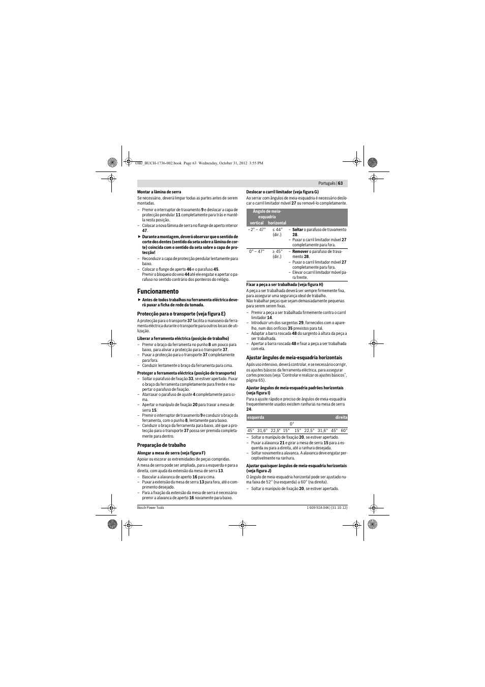 Funcionamento | Bosch GCM 8 SJL Professional User Manual | Page 63 / 332