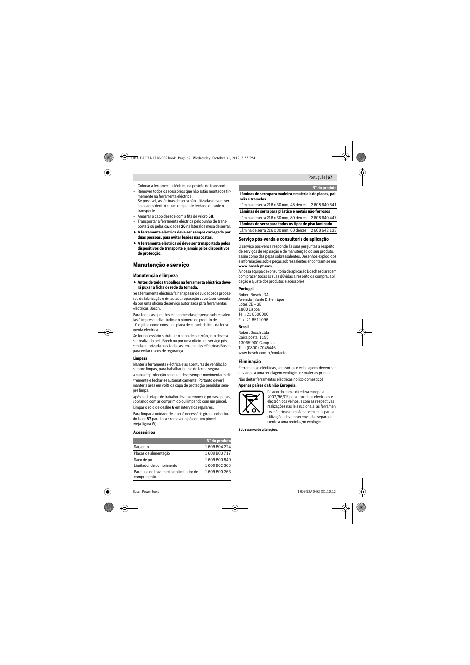 Manutenção e serviço | Bosch GCM 8 SJL Professional User Manual | Page 67 / 332