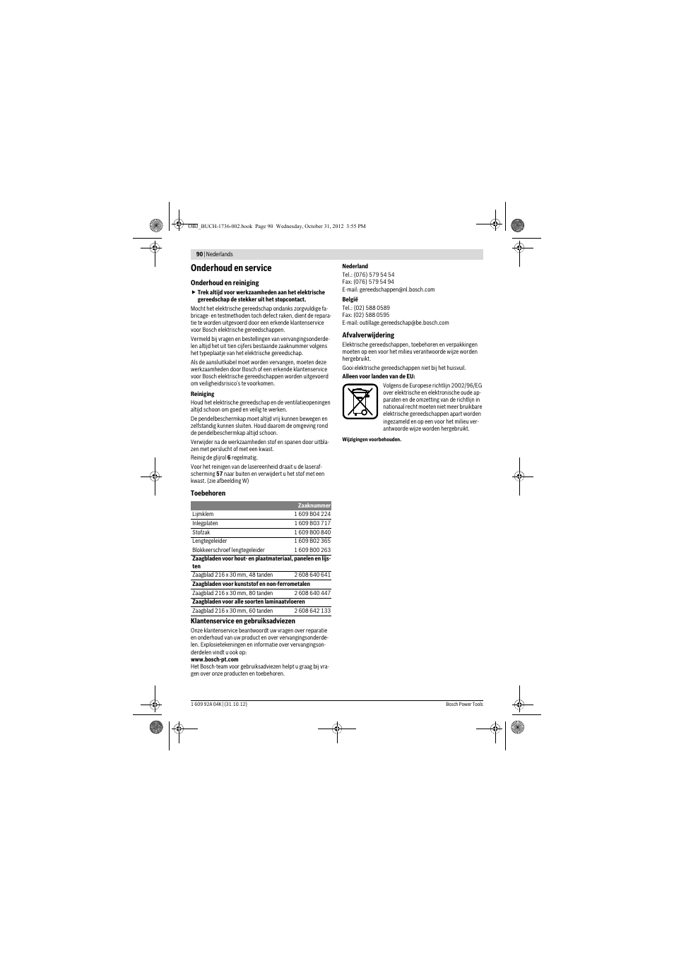 Onderhoud en service | Bosch GCM 8 SJL Professional User Manual | Page 90 / 332