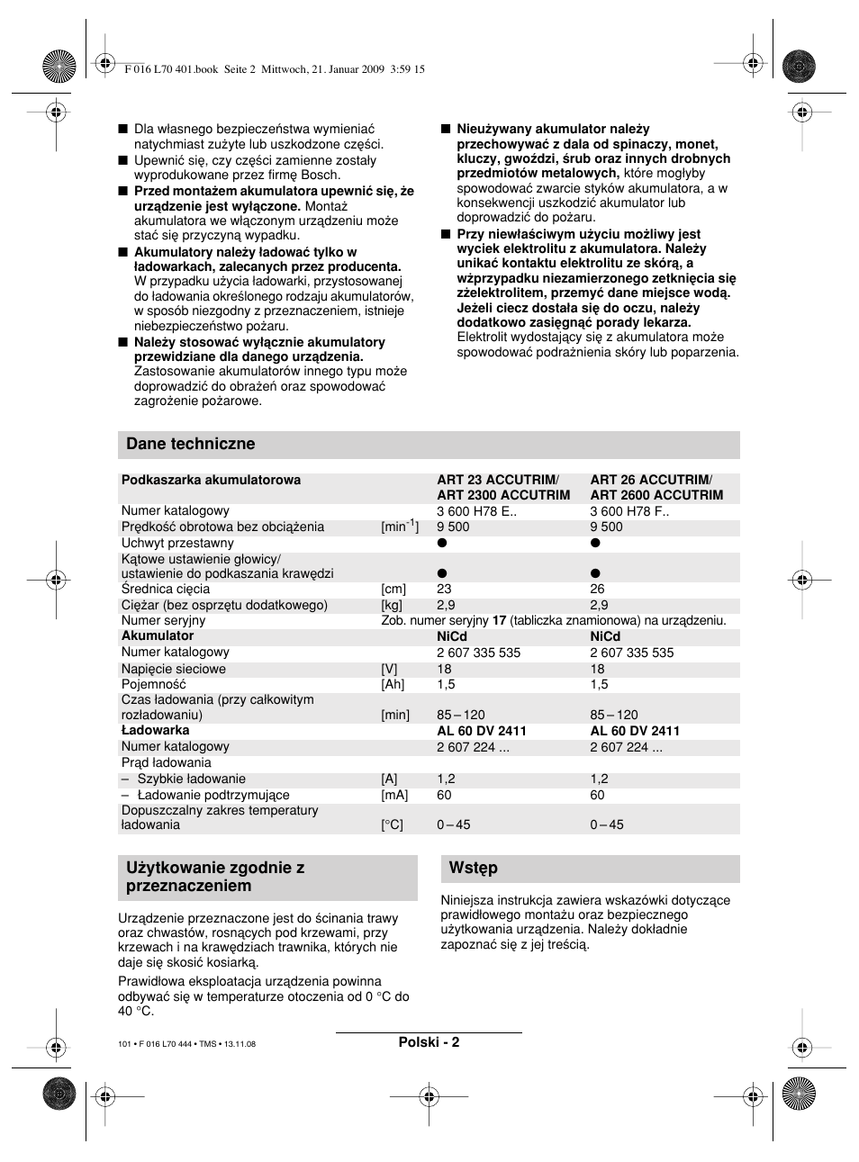 Dane techniczne, U†ytkowanie zgodnie z przeznaczeniem wst∑p | Bosch ART 23 Accutrim User Manual | Page 101 / 201