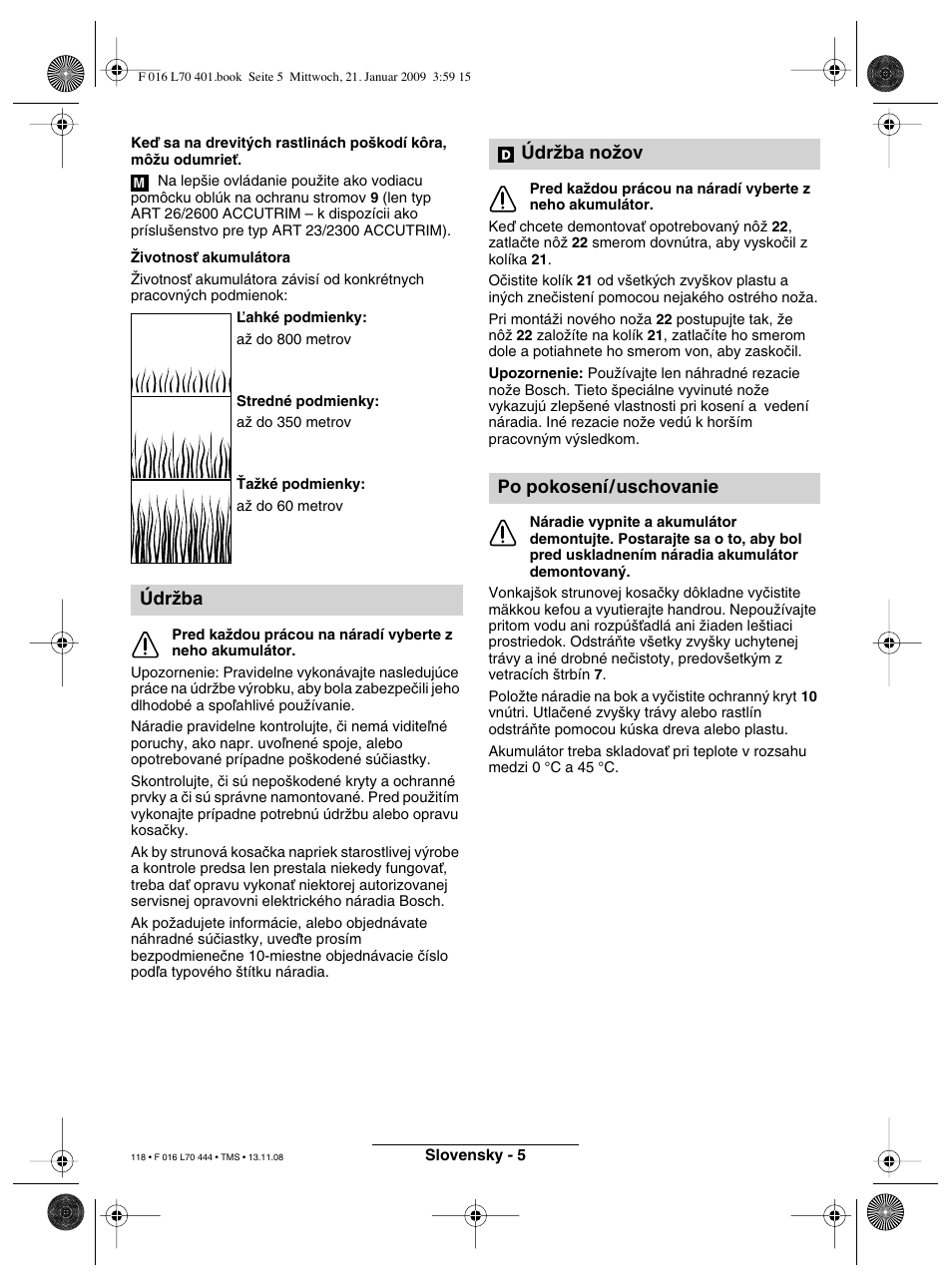 Údrïba, Údrïba noïov po pokosení/uschovanie | Bosch ART 23 Accutrim User Manual | Page 118 / 201