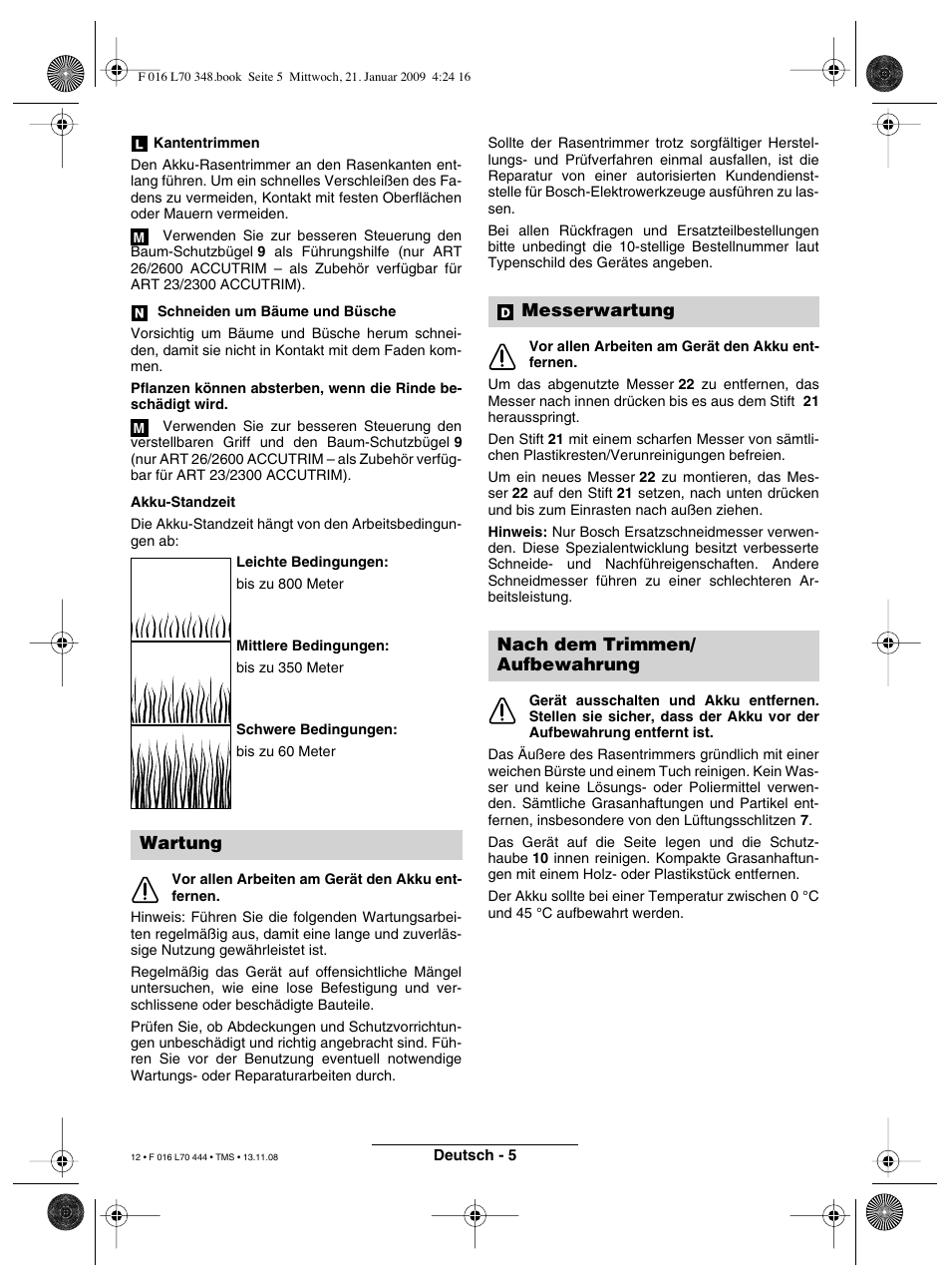 Wartung, Messerwartung nach dem trimmen/ aufbewahrung | Bosch ART 23 Accutrim User Manual | Page 12 / 201