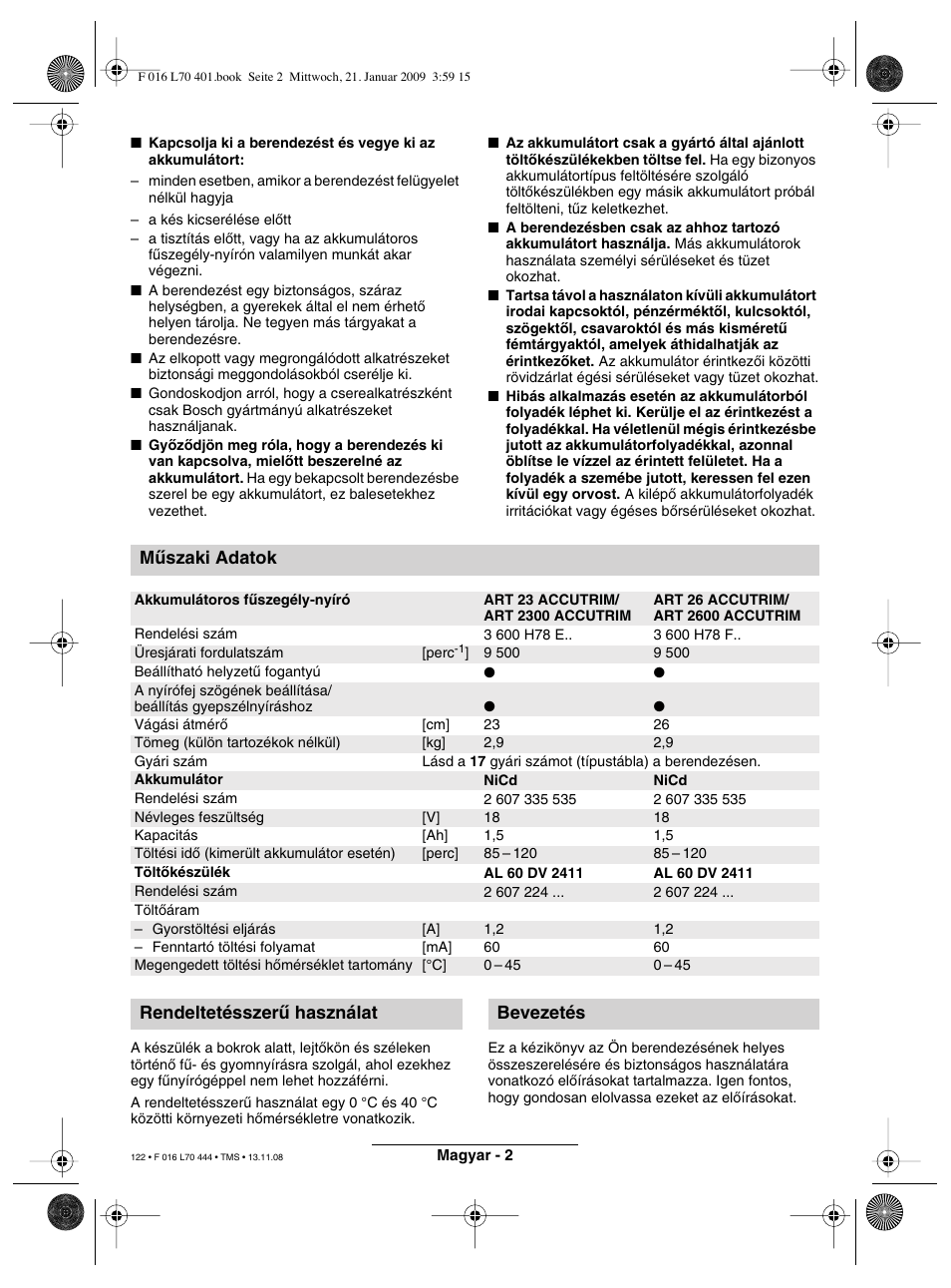 Mæszaki adatok, Rendeltetésszeræ használat bevezetés | Bosch ART 23 Accutrim User Manual | Page 122 / 201