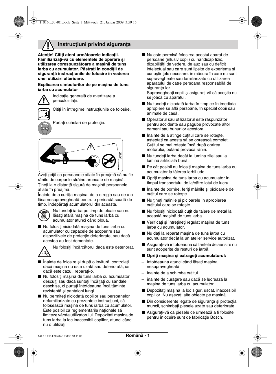 Instrucøiuni privind siguranøa | Bosch ART 23 Accutrim User Manual | Page 144 / 201