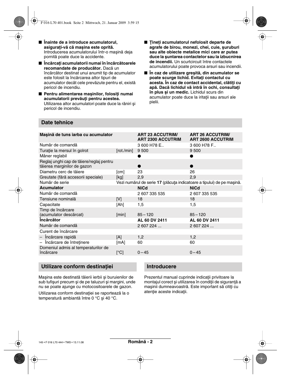 Date tehnice, Utilizare conform destinaøiei introducere | Bosch ART 23 Accutrim User Manual | Page 145 / 201