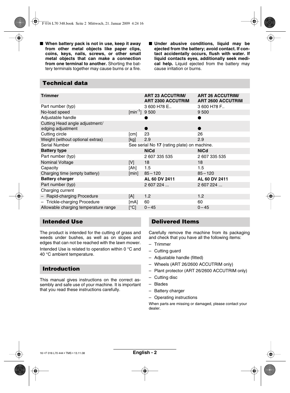 Technical data, Intended use introduction delivered items | Bosch ART 23 Accutrim User Manual | Page 16 / 201