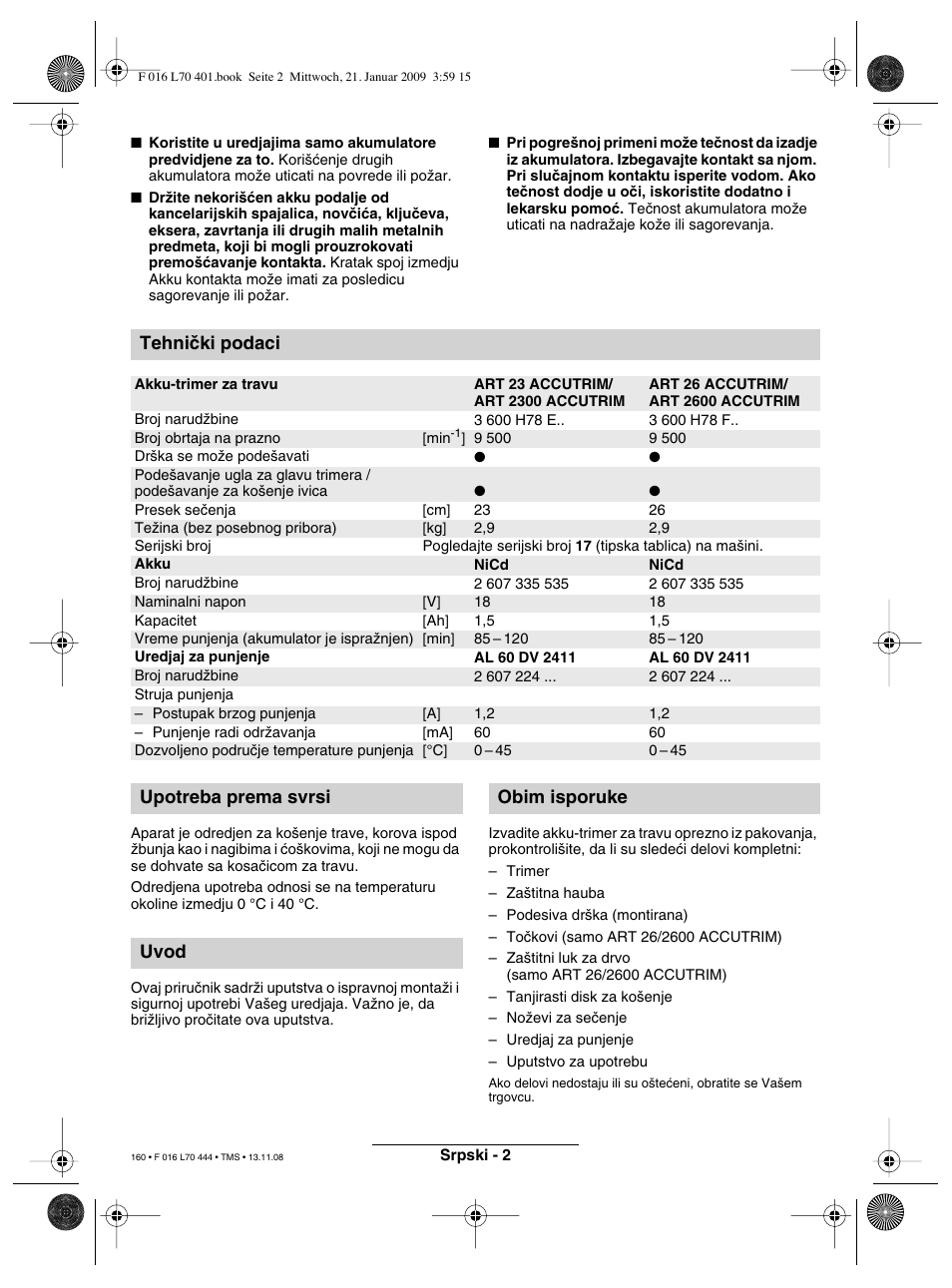 Tehniãki podaci, Upotreba prema svrsi uvod obim isporuke | Bosch ART 23 Accutrim User Manual | Page 160 / 201