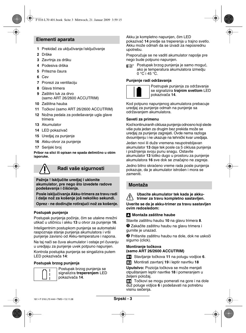 Elementi aparata radi va‰e sigurnosti, Montaïa | Bosch ART 23 Accutrim User Manual | Page 161 / 201