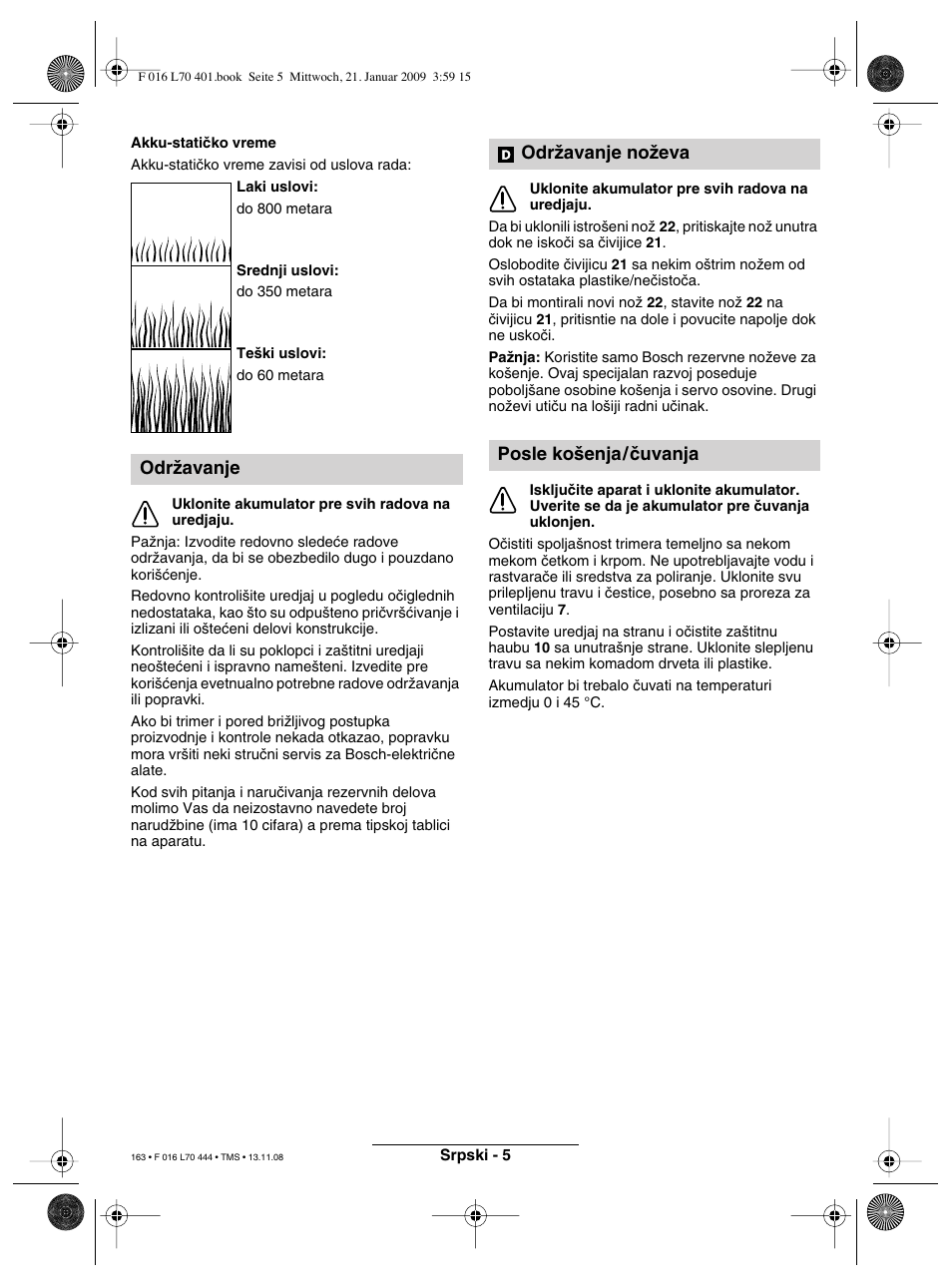 Odrïavanje odrïavanje noïeva posle ko‰enja/ãuvanja | Bosch ART 23 Accutrim User Manual | Page 163 / 201