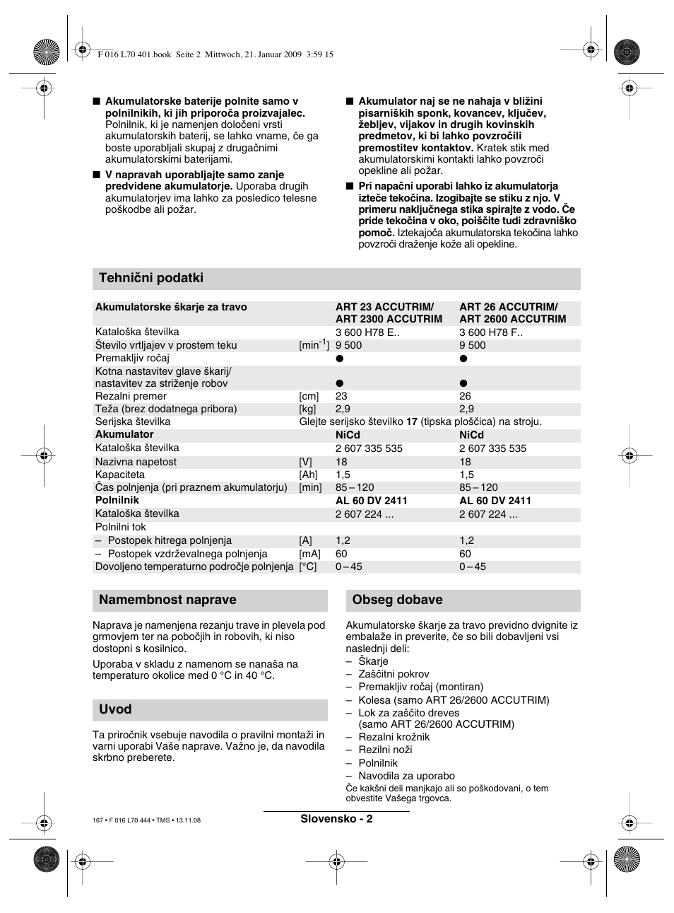 Tehniãni podatki, Namembnost naprave uvod obseg dobave | Bosch ART 23 Accutrim User Manual | Page 167 / 201