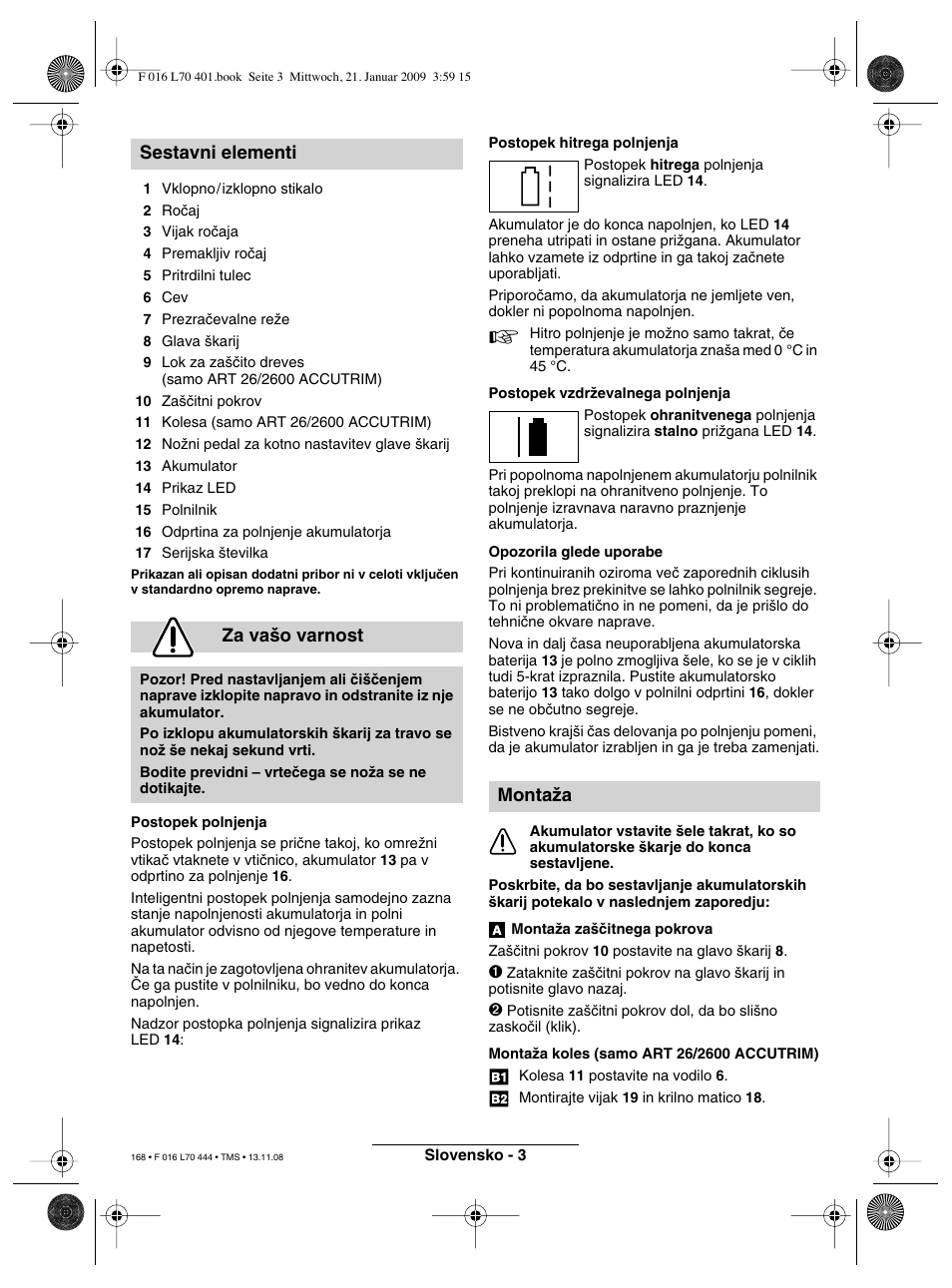 Sestavni elementi za va‰o varnost, Montaïa | Bosch ART 23 Accutrim User Manual | Page 168 / 201