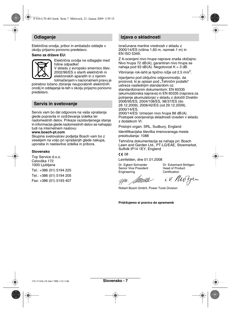 Odlaganje servis in svetovanje izjava o skladnosti | Bosch ART 23 Accutrim User Manual | Page 172 / 201