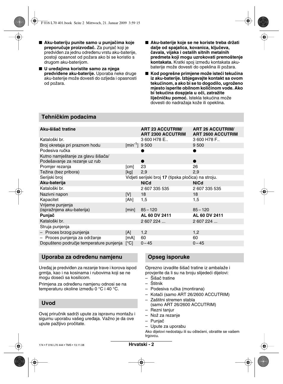 Tehniãkim podacima, Uporaba za odre∂enu namjenu uvod opseg isporuke | Bosch ART 23 Accutrim User Manual | Page 174 / 201