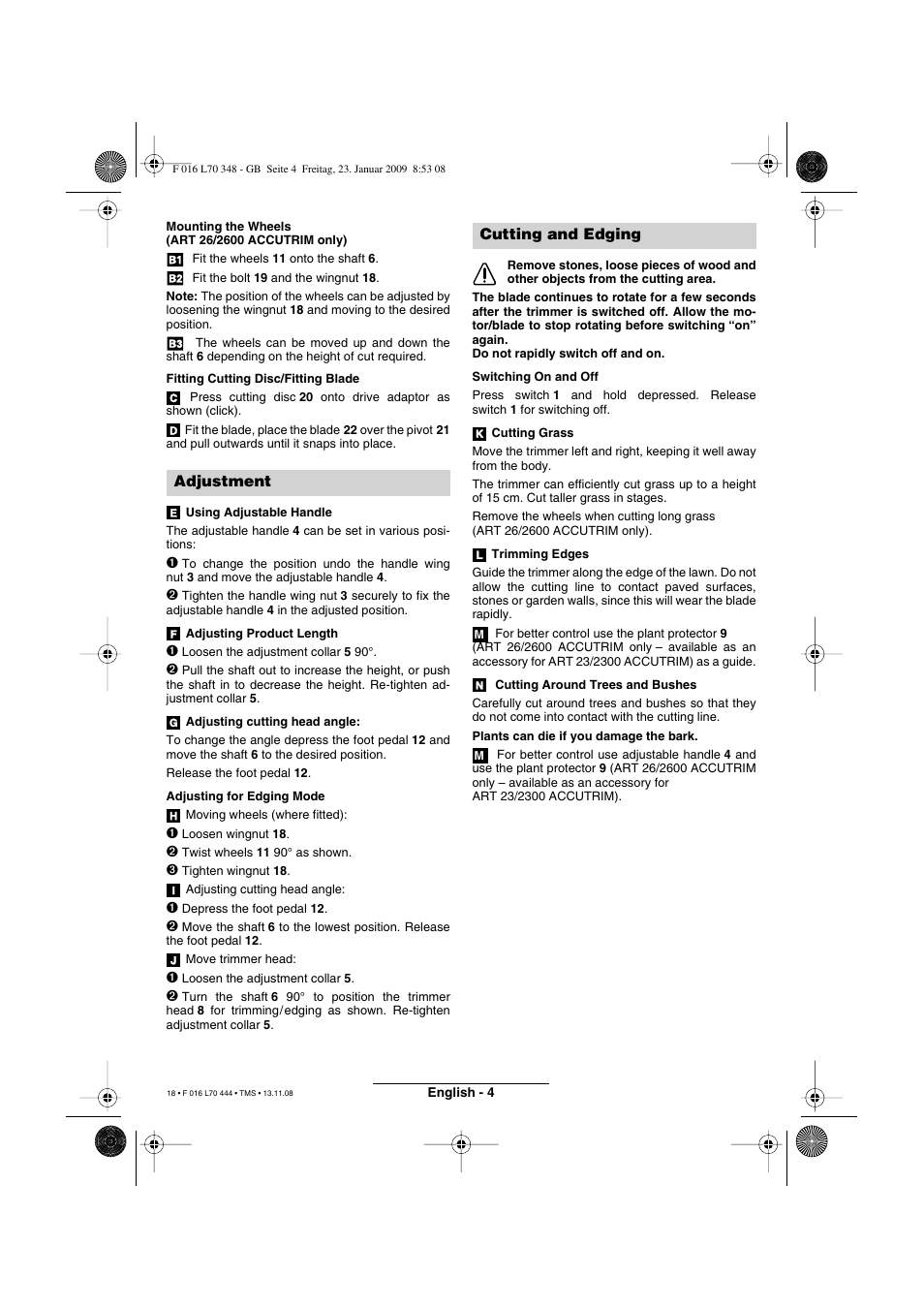 Adjustment, Cutting and edging | Bosch ART 23 Accutrim User Manual | Page 18 / 201