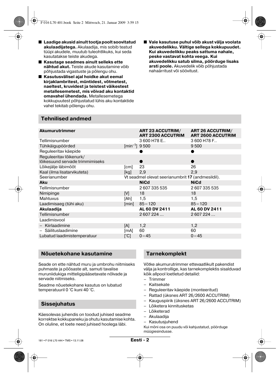 Tehnilised andmed, Nõuetekohane kasutamine sissejuhatus tarnekomplekt | Bosch ART 23 Accutrim User Manual | Page 181 / 201