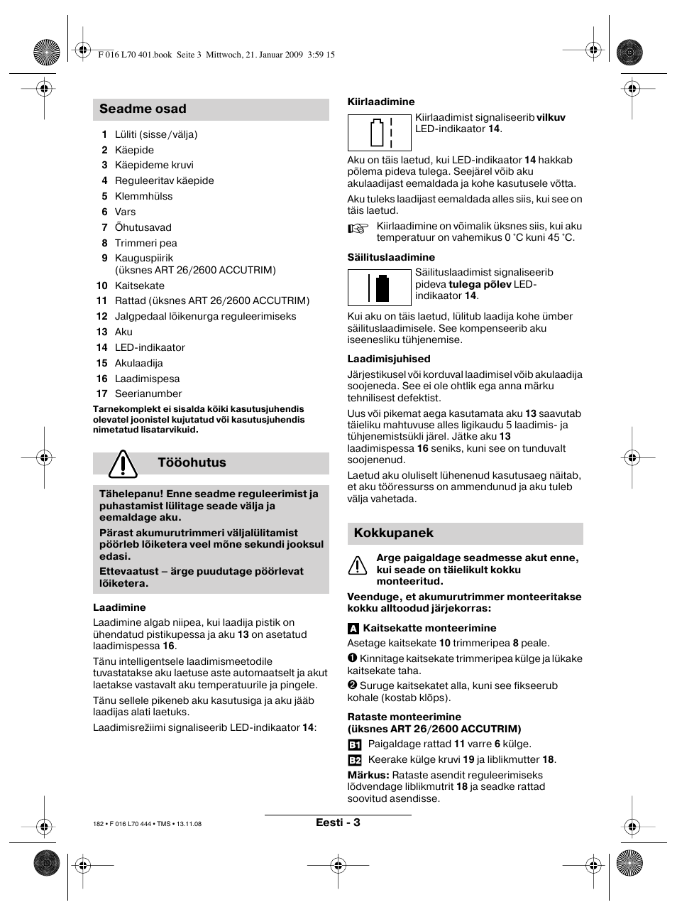 Seadme osad tööohutus, Kokkupanek | Bosch ART 23 Accutrim User Manual | Page 182 / 201