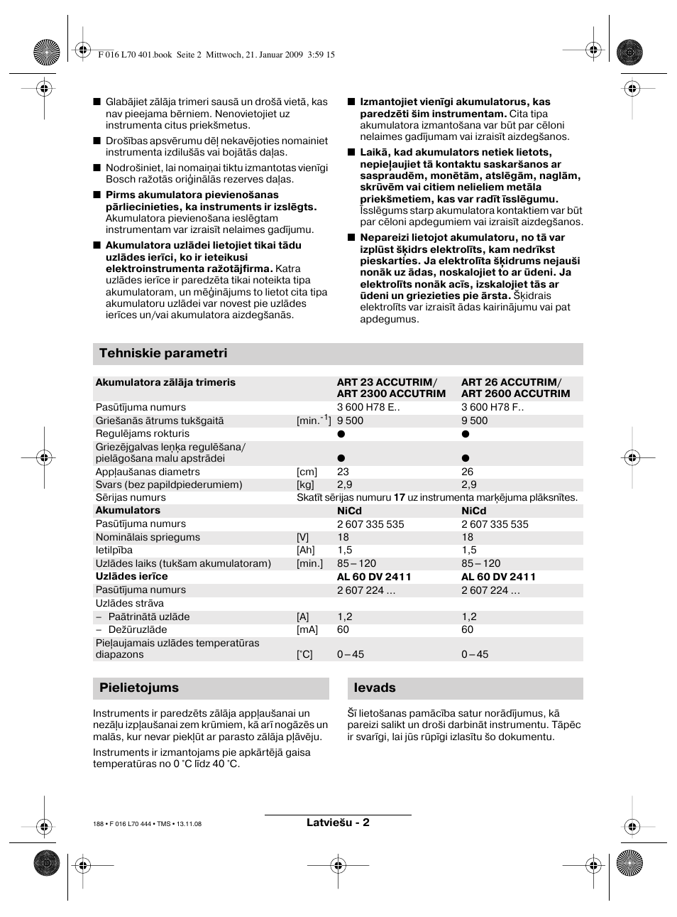 Tehniskie parametri, Pielietojums ievads | Bosch ART 23 Accutrim User Manual | Page 188 / 201