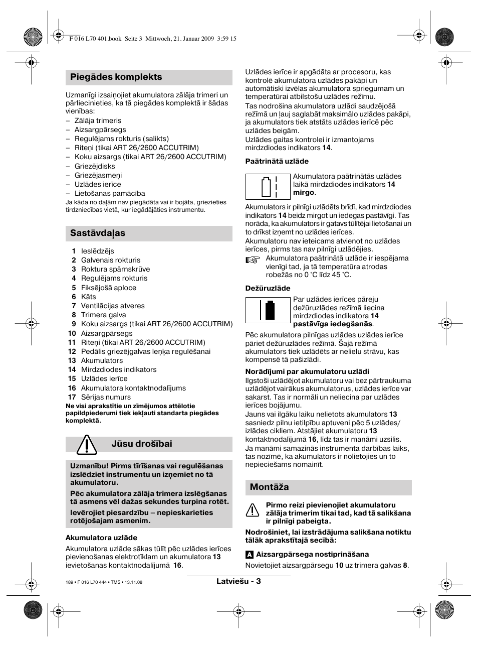 Piegādes komplekts sastāvda as jūsu drošībai, Montāža | Bosch ART 23 Accutrim User Manual | Page 189 / 201