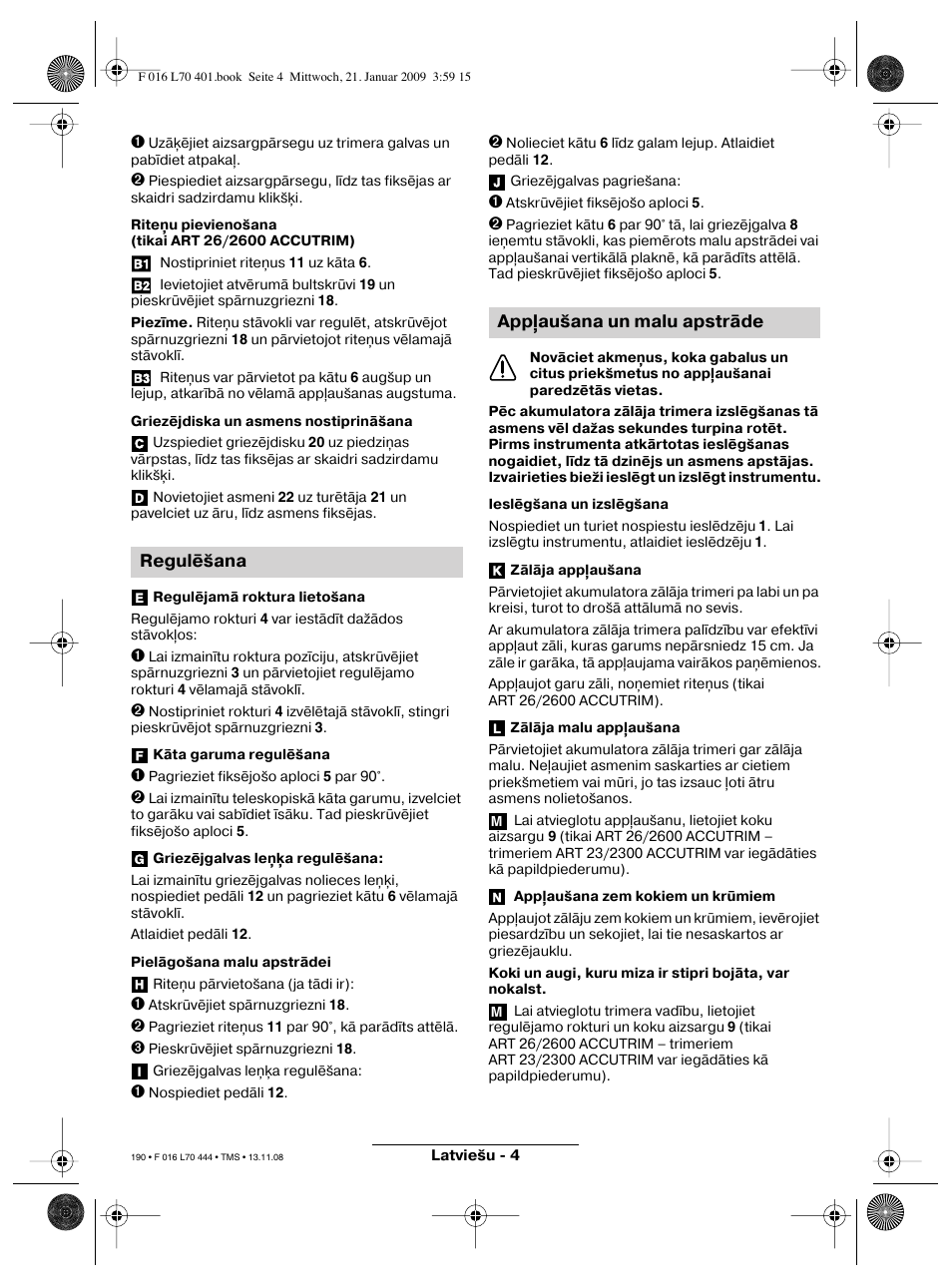 Regulēšana, App aušana un malu apstrāde | Bosch ART 23 Accutrim User Manual | Page 190 / 201