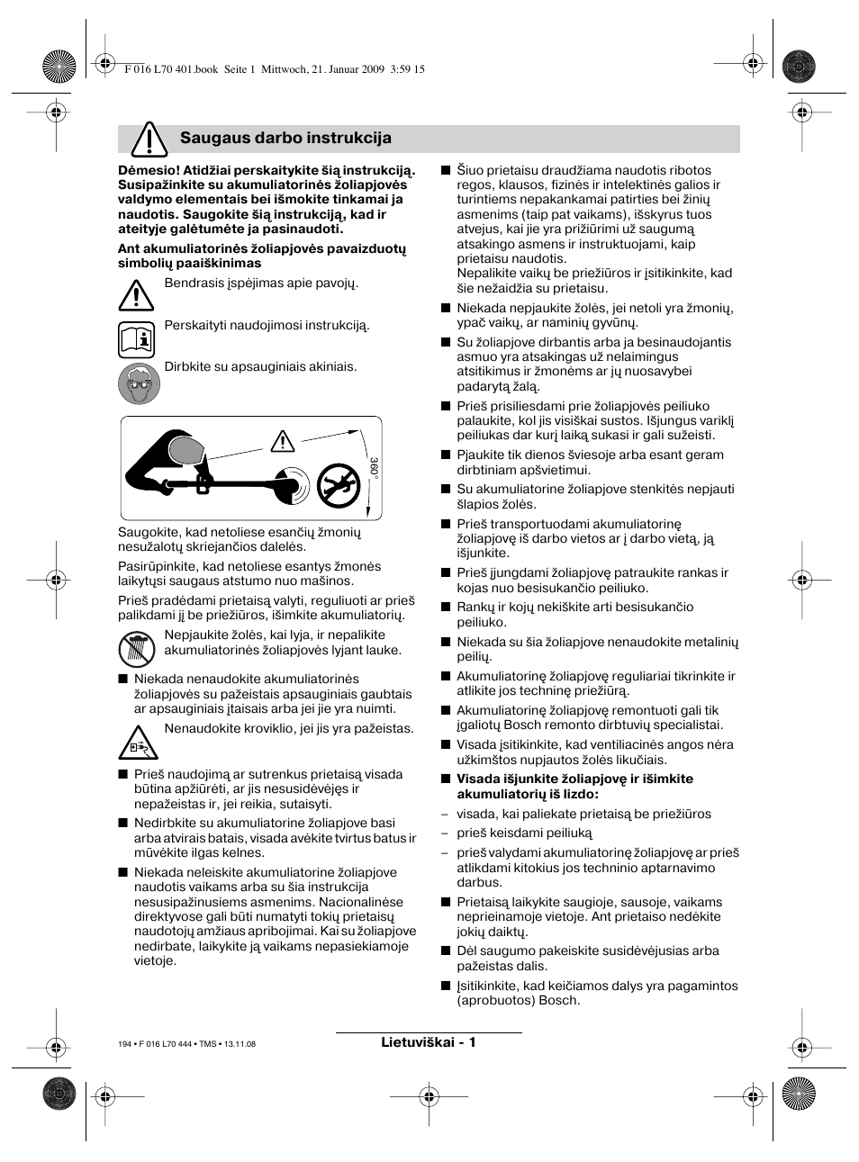 Saugaus darbo instrukcija | Bosch ART 23 Accutrim User Manual | Page 194 / 201