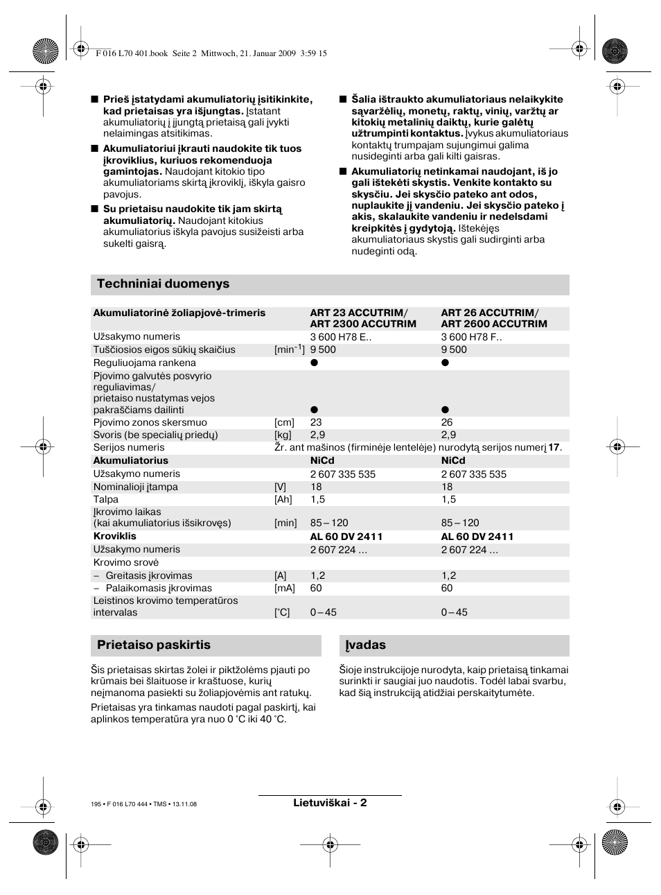 Techniniai duomenys, Prietaiso paskirtis įvadas | Bosch ART 23 Accutrim User Manual | Page 195 / 201