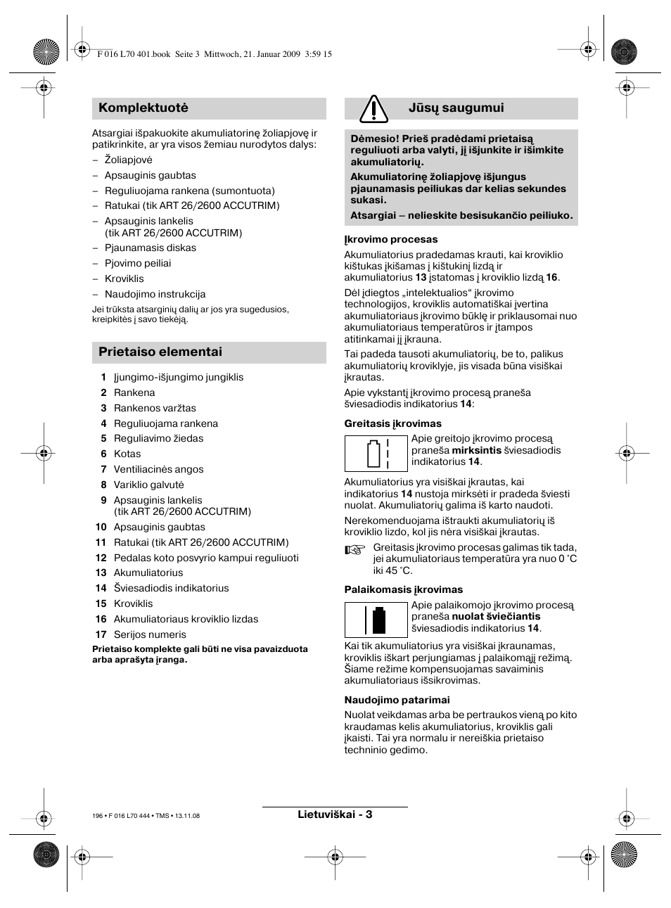 Komplektuotė prietaiso elementai jūsų saugumui | Bosch ART 23 Accutrim User Manual | Page 196 / 201