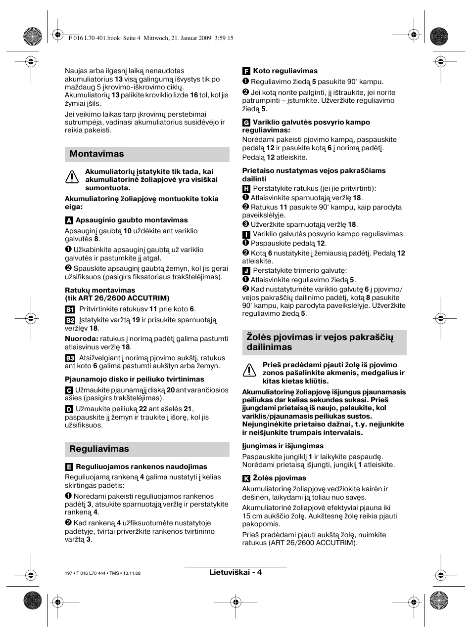 Montavimas reguliavimas, Žolės pjovimas ir vejos pakraščių dailinimas | Bosch ART 23 Accutrim User Manual | Page 197 / 201