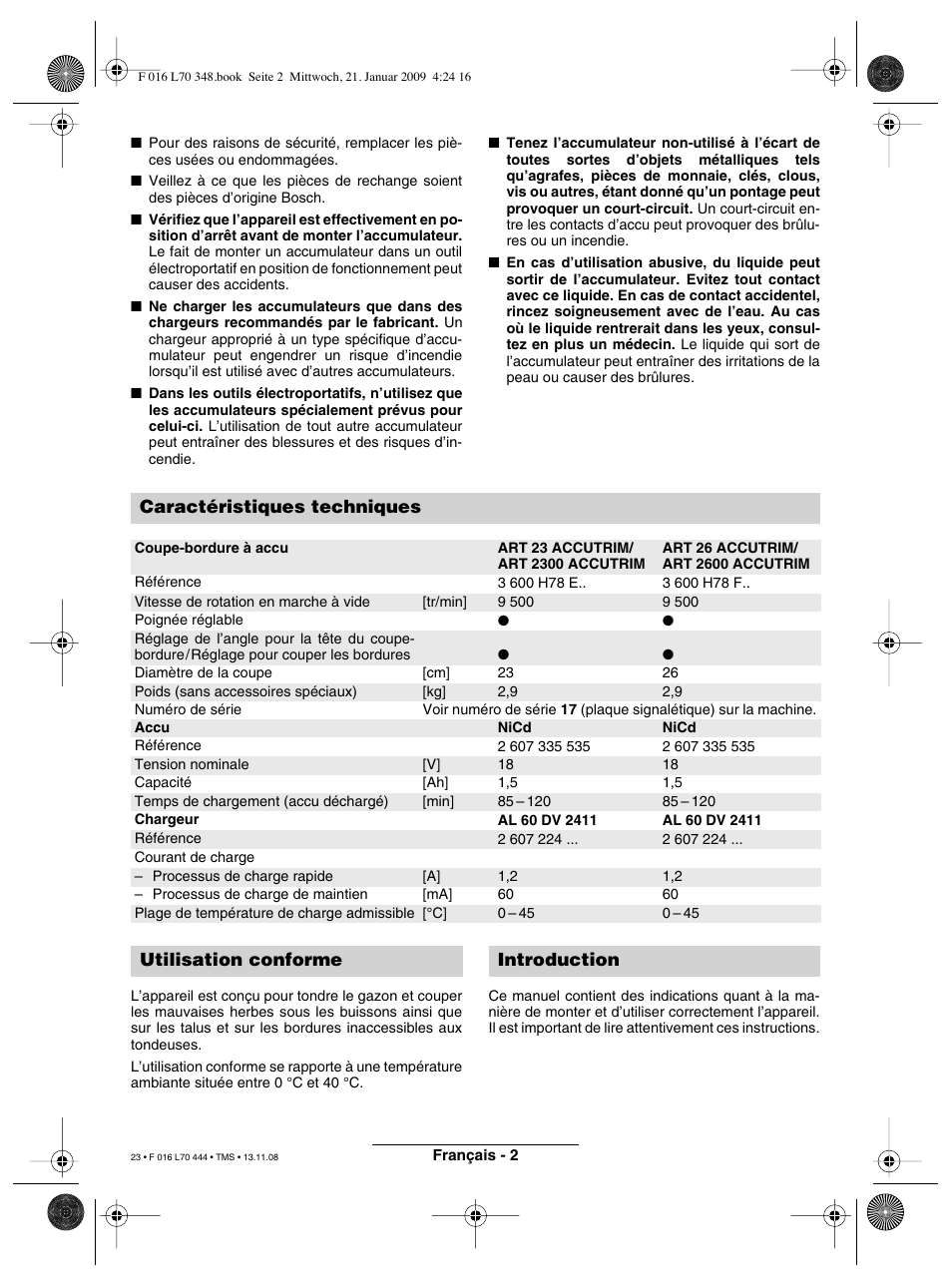 Caractéristiques techniques, Utilisation conforme introduction | Bosch ART 23 Accutrim User Manual | Page 23 / 201