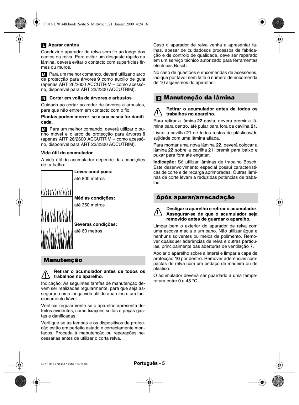 Manutenção, Manutenção da lâmina após aparar/arrecadação | Bosch ART 23 Accutrim User Manual | Page 40 / 201