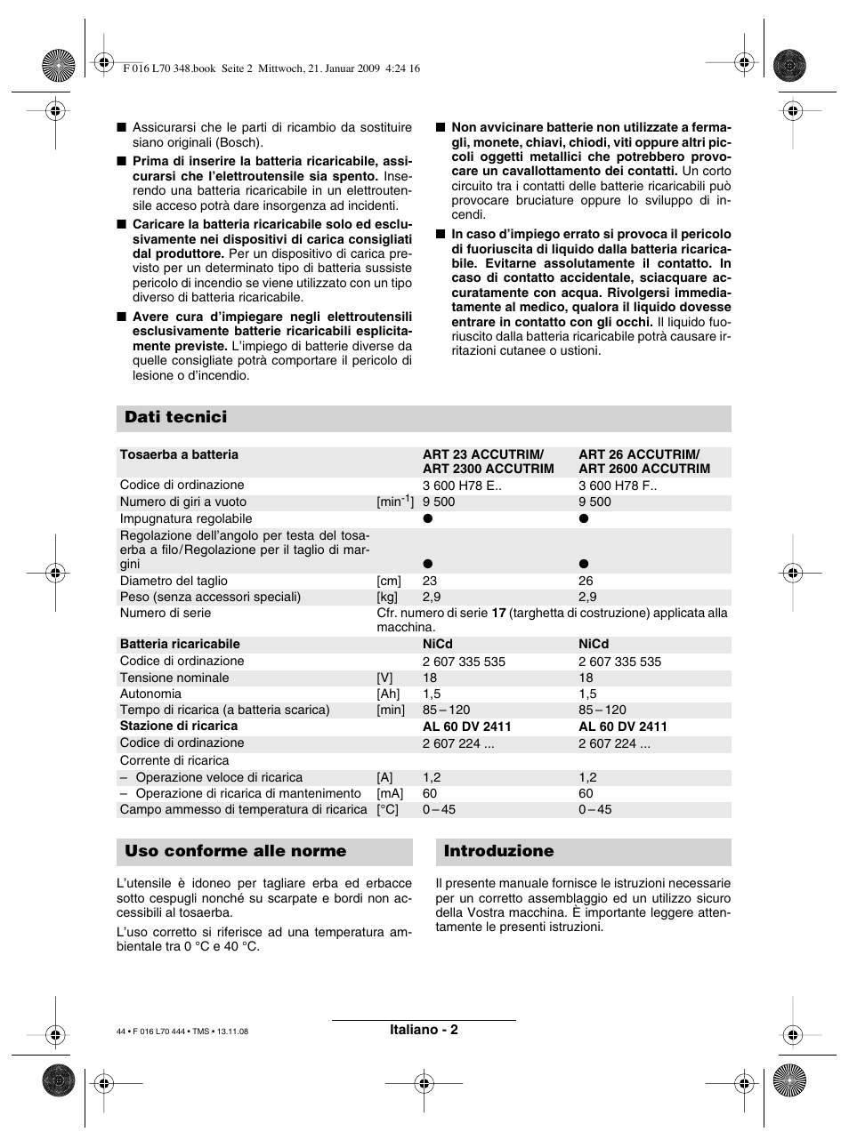 Dati tecnici, Uso conforme alle norme introduzione | Bosch ART 23 Accutrim User Manual | Page 44 / 201