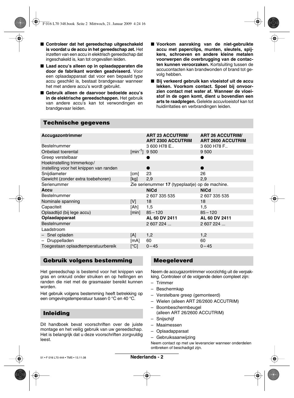 Technische gegevens, Gebruik volgens bestemming inleiding meegeleverd | Bosch ART 23 Accutrim User Manual | Page 51 / 201