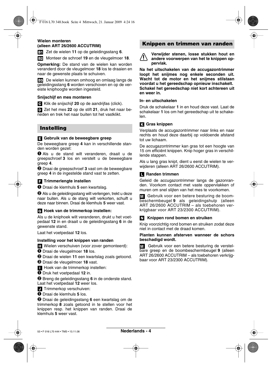 Instelling, Knippen en trimmen van randen | Bosch ART 23 Accutrim User Manual | Page 53 / 201