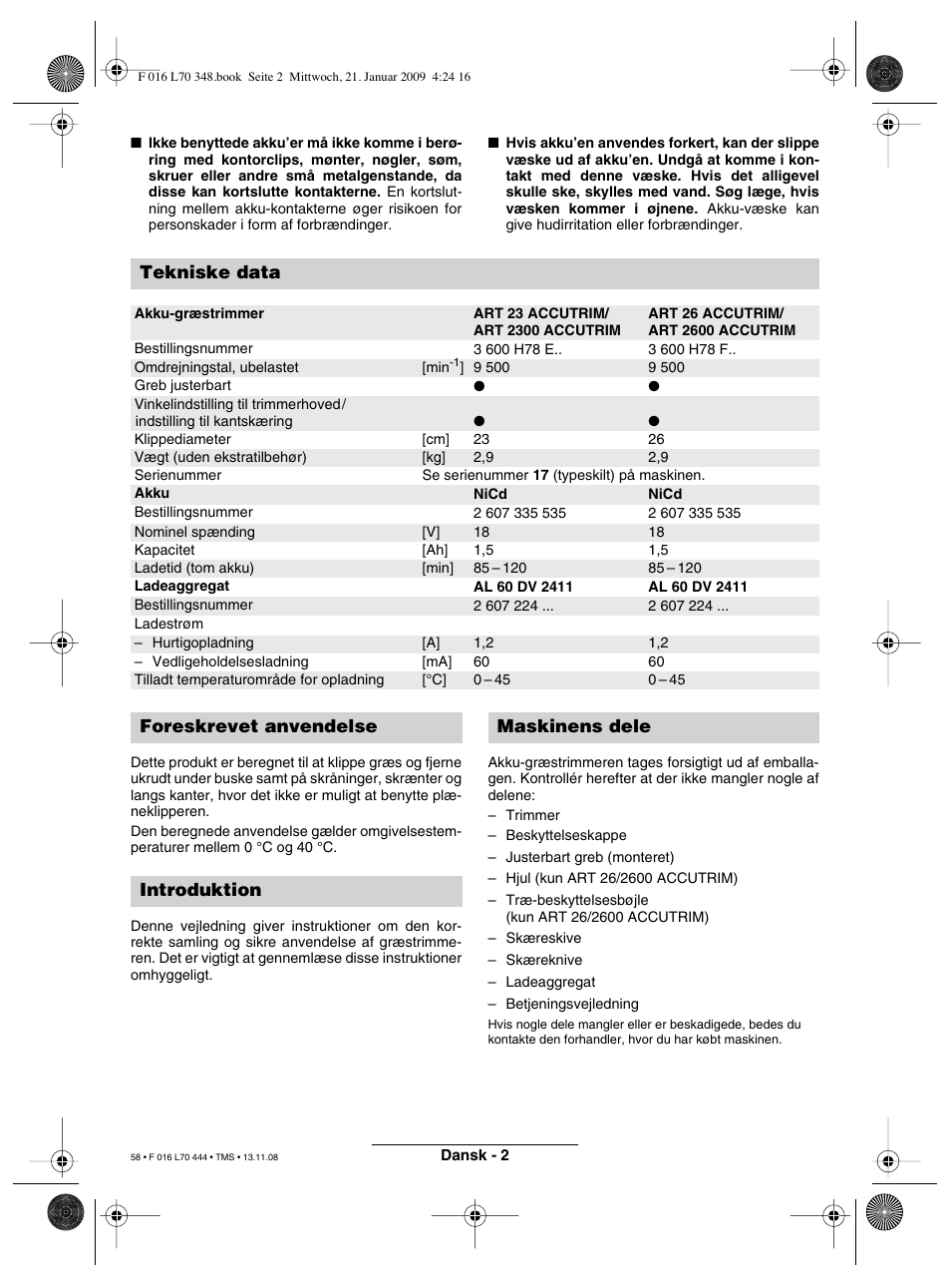 Tekniske data, Foreskrevet anvendelse introduktion maskinens dele | Bosch ART 23 Accutrim User Manual | Page 58 / 201