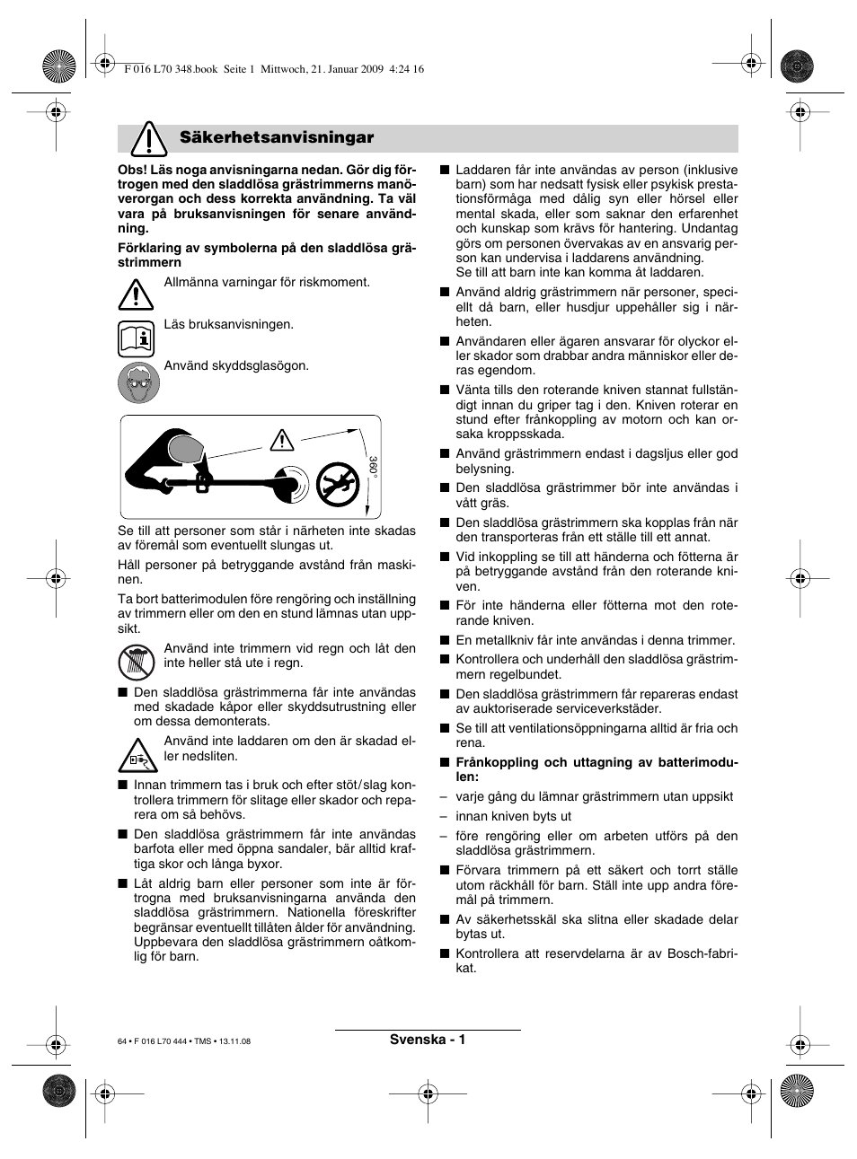 Säkerhetsanvisningar | Bosch ART 23 Accutrim User Manual | Page 64 / 201