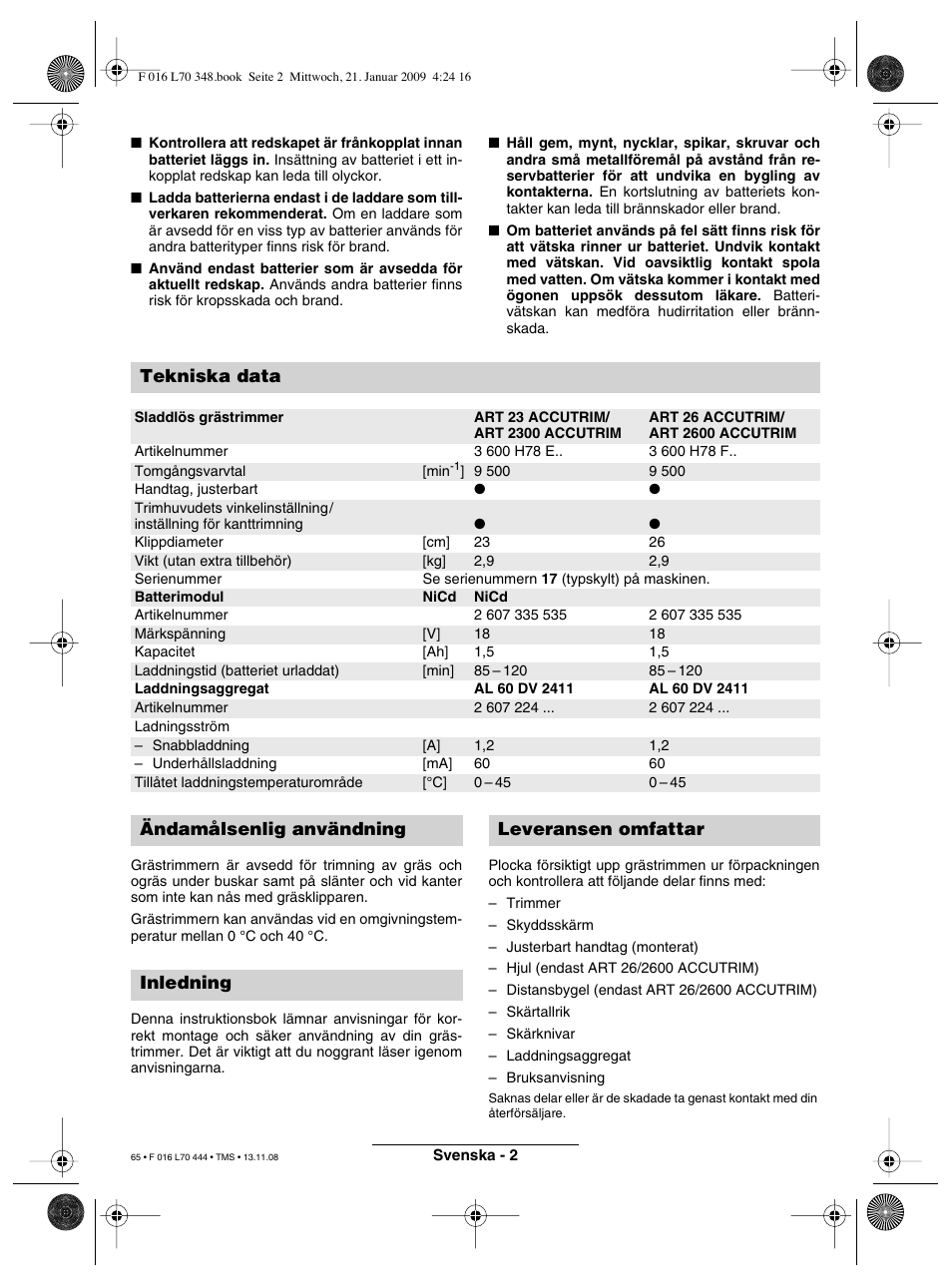 Tekniska data | Bosch ART 23 Accutrim User Manual | Page 65 / 201