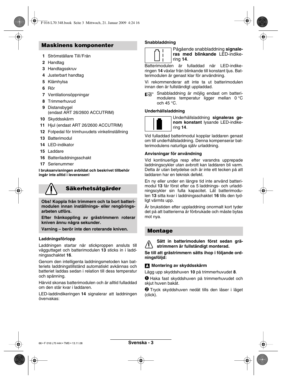 Maskinens komponenter säkerhetsåtgärder, Montage | Bosch ART 23 Accutrim User Manual | Page 66 / 201