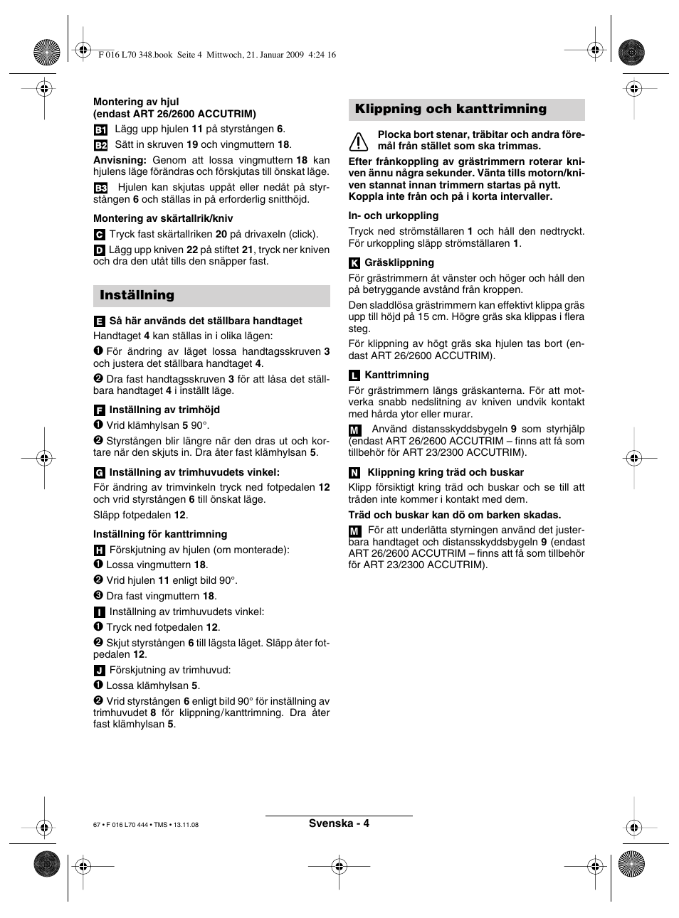 Inställning, Klippning och kanttrimning | Bosch ART 23 Accutrim User Manual | Page 67 / 201