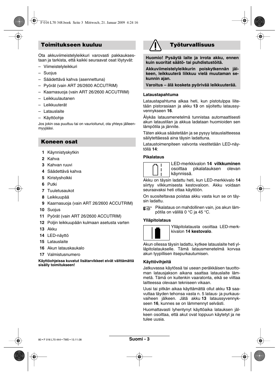 Toimitukseen kuuluu koneen osat työturvallisuus | Bosch ART 23 Accutrim User Manual | Page 80 / 201