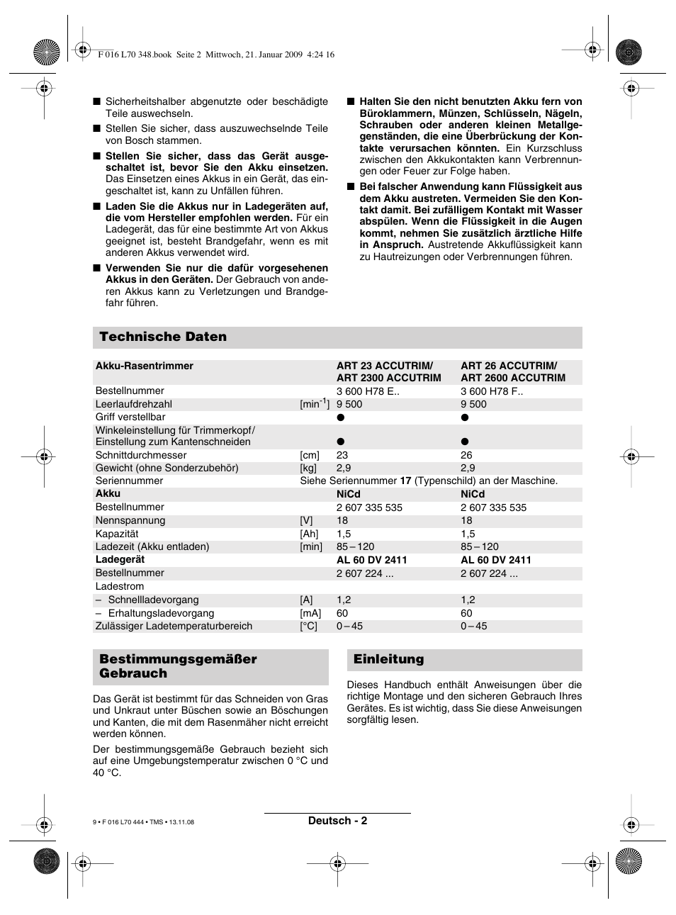 Technische daten, Bestimmungsgemäßer gebrauch einleitung | Bosch ART 23 Accutrim User Manual | Page 9 / 201