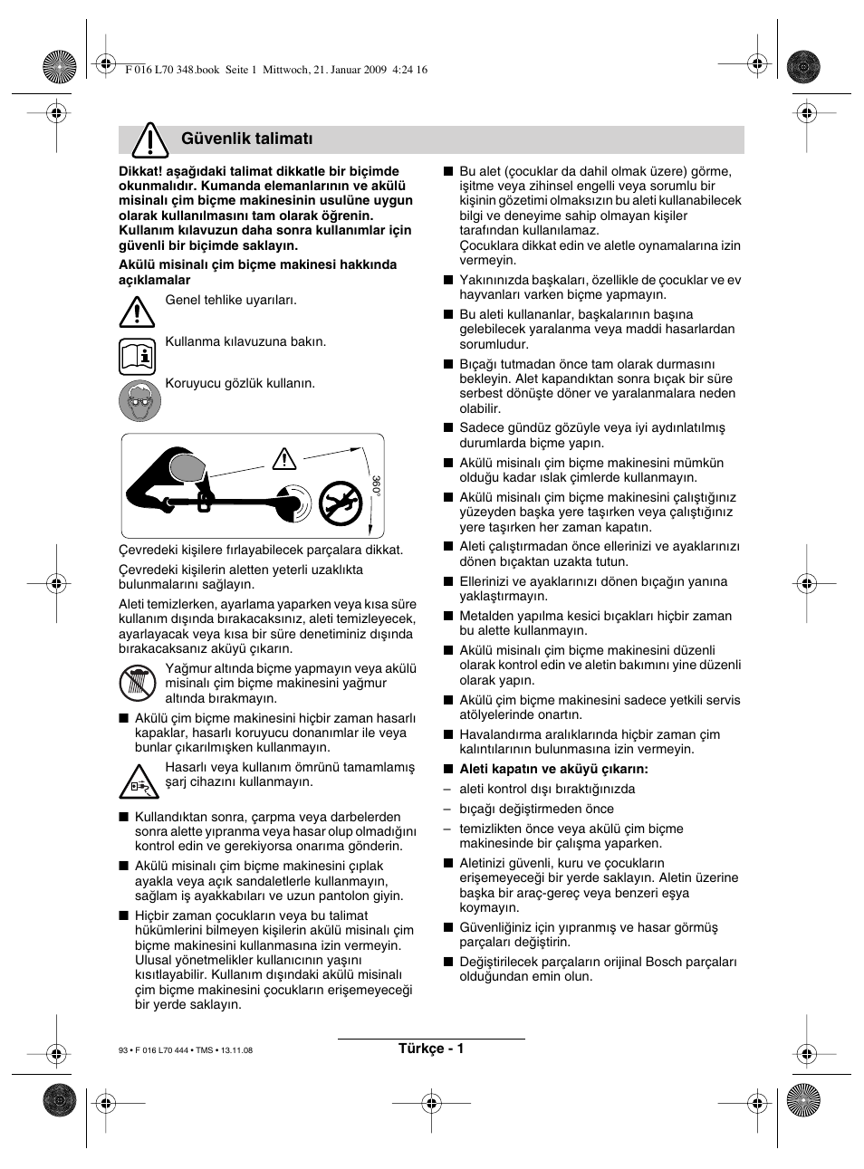 Güvenlik talimat | Bosch ART 23 Accutrim User Manual | Page 93 / 201