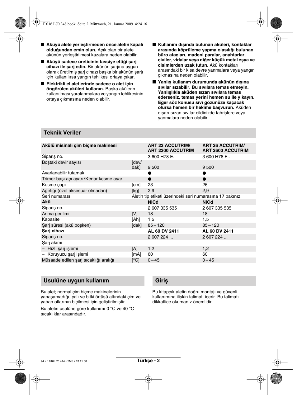 Teknik veriler, Usulüne uygun kullan∂m giriµ | Bosch ART 23 Accutrim User Manual | Page 94 / 201