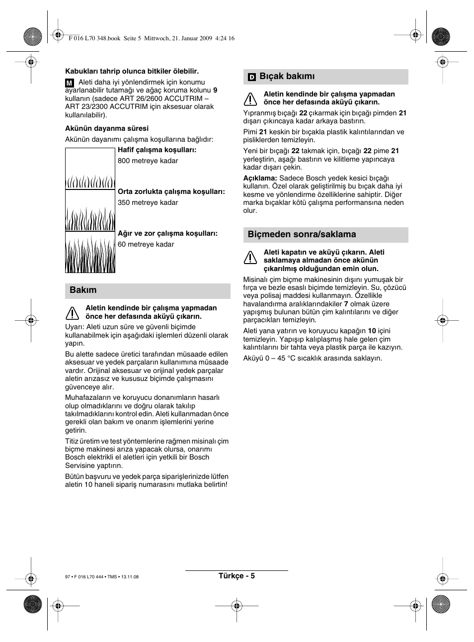 Bak∂m, B∂çak bak∂m∂ biçmeden sonra/saklama | Bosch ART 23 Accutrim User Manual | Page 97 / 201